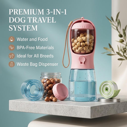 3-in-1 Portable Dog Water Bottle with Food Container & Waste Bag Dispenser | Leakproof Travel Pet Water Cup