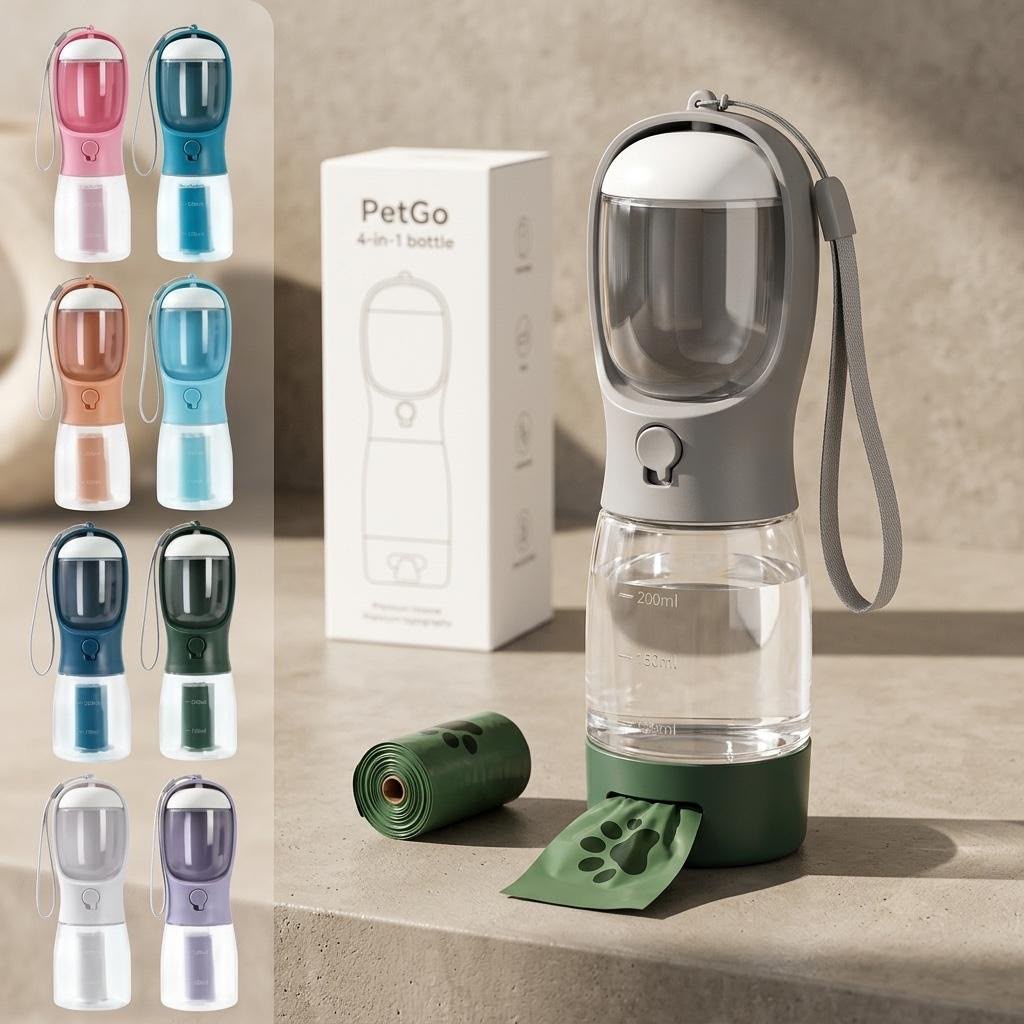 3-in-1 Portable Dog Water Bottle with Food Container & Waste Bag Dispenser | Leakproof Travel Pet Water Cup